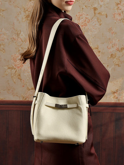 Timeless Genuine Leather Bucket Bag with Polished Double-D Luxury Hardware