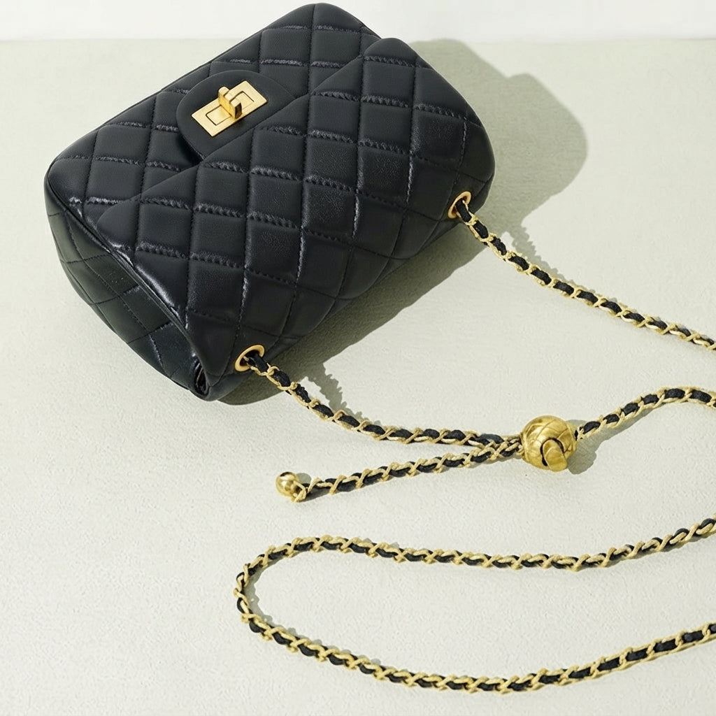 Timeless Petite Sheepskin Leather Quilted Flap Clutch Bag with Golden Ball Chain