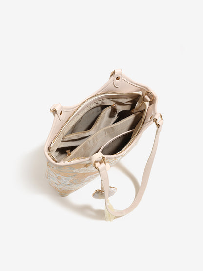Ethereal Crane Pattern Vegan Eco-Leather Tote Clutch Bag with Tassel Charm