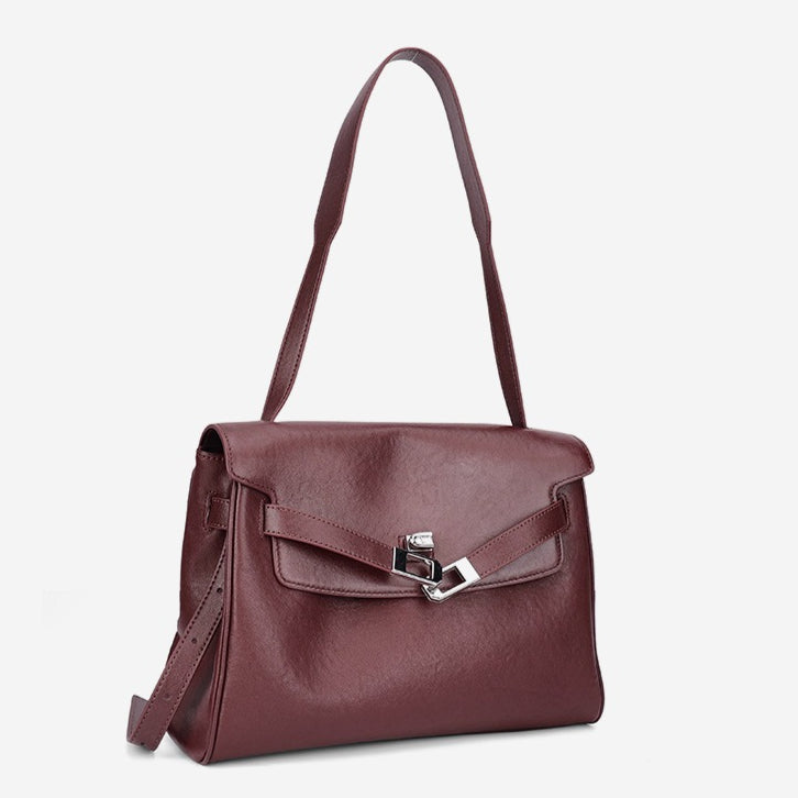 Vintage Lock-Accent Satchel Crossbody Genuine Leather Bag