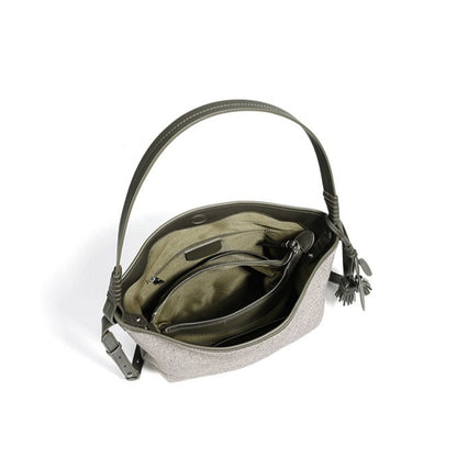 Slouchy Canvas Bucket Clutch Bag with Tassel Charm
