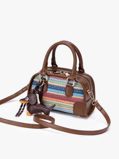 Vivacious Rainbow Striped Vegan Eco-leather Boston Clutch Bag with Cute Dachshund Charm