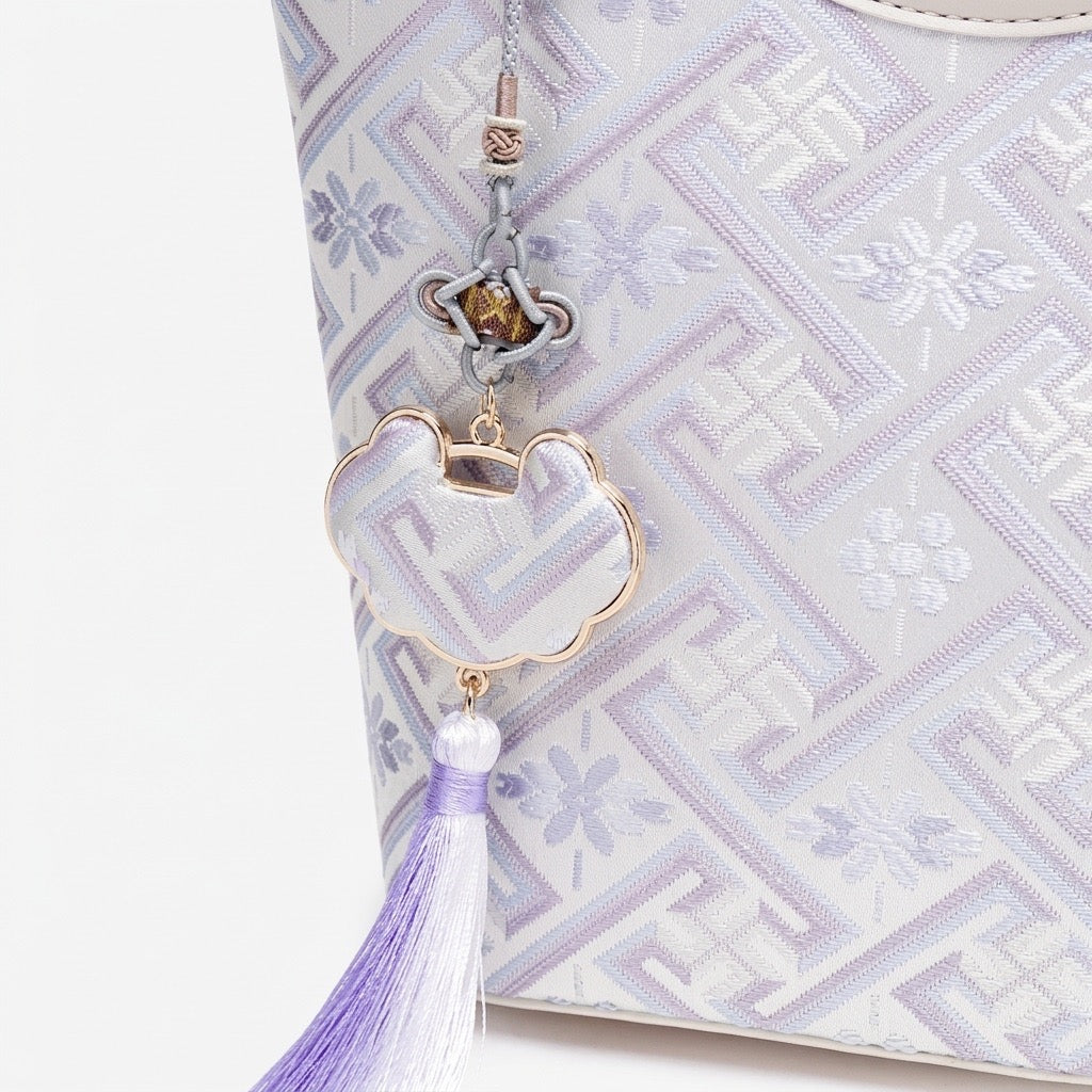 Opulent Brocade Vegan Eco-Leather Bucket Clutch Bag with Tassel Charm