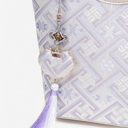 Opulent Brocade Vegan Eco-Leather Bucket Clutch Bag with Tassel Charm
