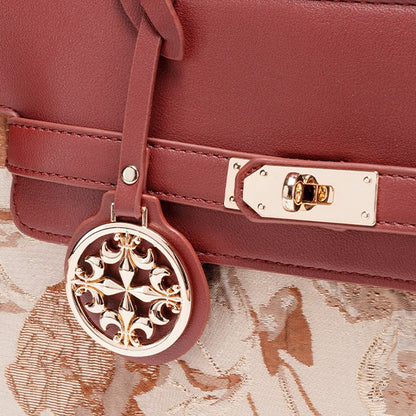Classic Floral Vegan Eco-Leather Tote Clutch Bag with Metal Ornament Charm
