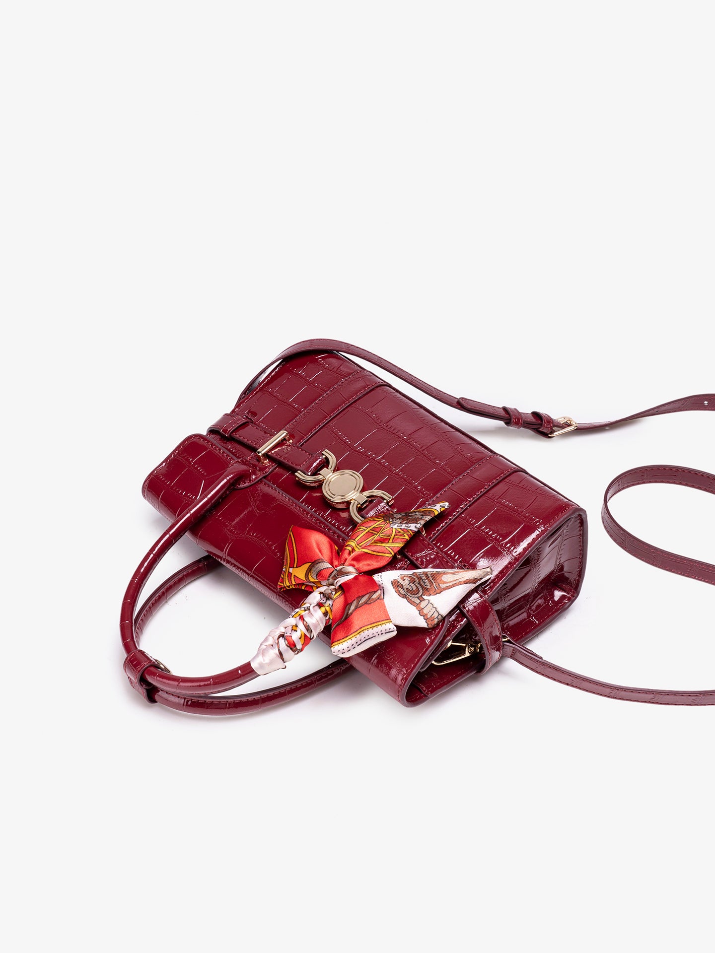 Gentle Glossy Croc Vegan Eco-Leather Satchel Clutch Bag with Silk Scarf Charm