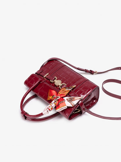 Gentle Glossy Croc Vegan Eco-Leather Satchel Clutch Bag with Silk Scarf Charm
