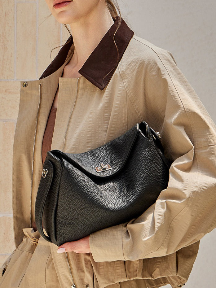 Nonchalant Lychee-Grain Genuine Leather Crossbody Hobo Bag