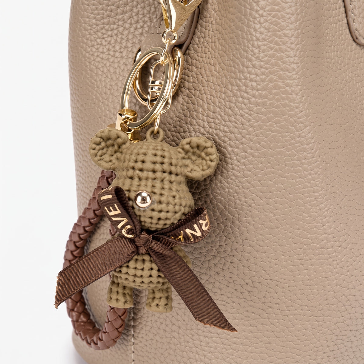 Minimalist Pebbled Vegan Eco-Leather Bucket Clutch Bag with Bear Charm