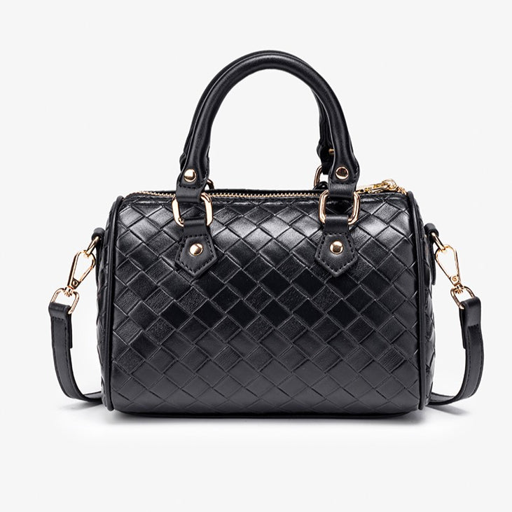 Exquisite Woven Vegan Eco-Leather Boston Clutch Bag with Playful Teddy Charm