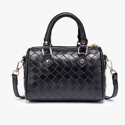 Exquisite Woven Vegan Eco-Leather Boston Clutch Bag with Playful Teddy Charm