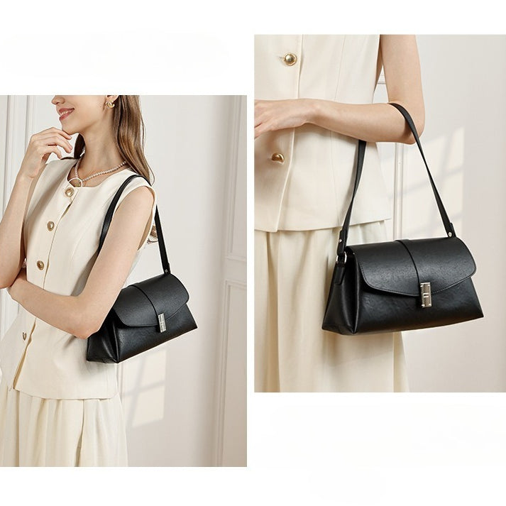 Minimalist Genuine Leather Shoulder Bag with Signature H Buckle