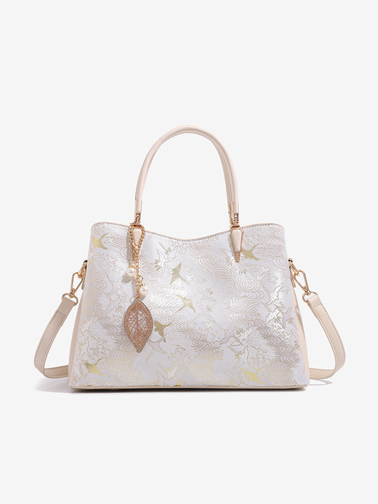 Sophisticated Oriental Jacquard Vegan Eco‑Leather Clutch Bag with Leaf Charm