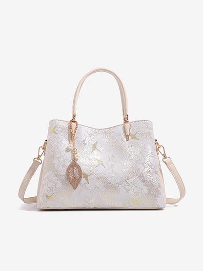 Sophisticated Oriental Jacquard Vegan Eco‑Leather Clutch Bag with Leaf Charm