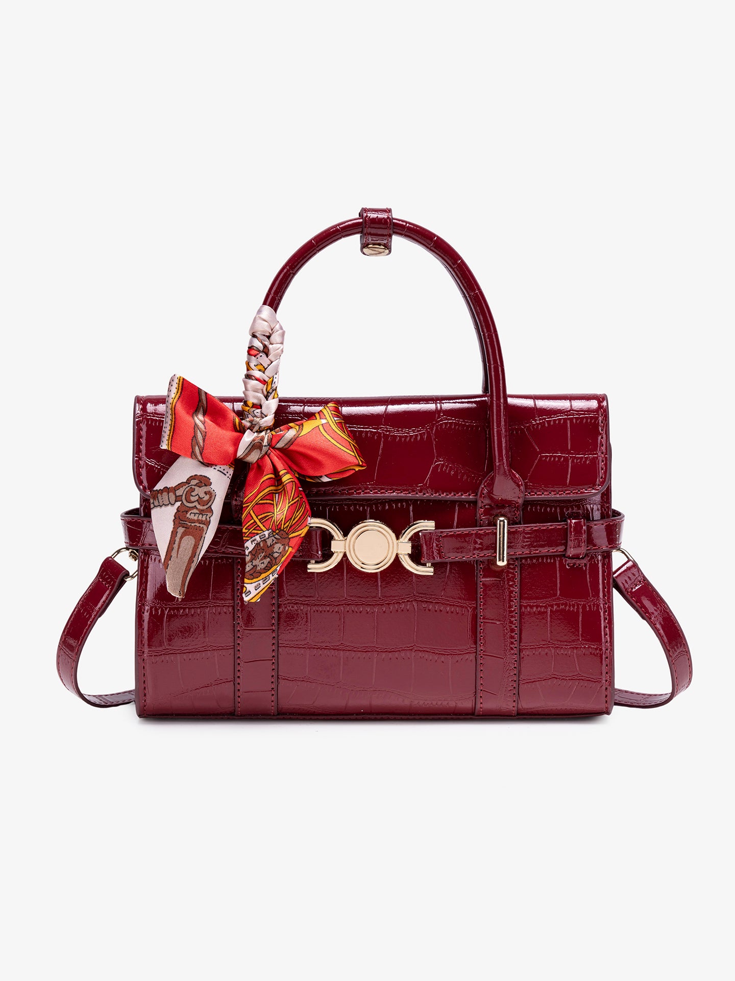 Gentle Glossy Croc Vegan Eco-Leather Satchel Clutch Bag with Silk Scarf Charm