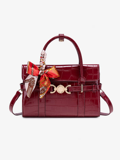 Gentle Glossy Croc Vegan Eco-Leather Satchel Clutch Bag with Silk Scarf Charm