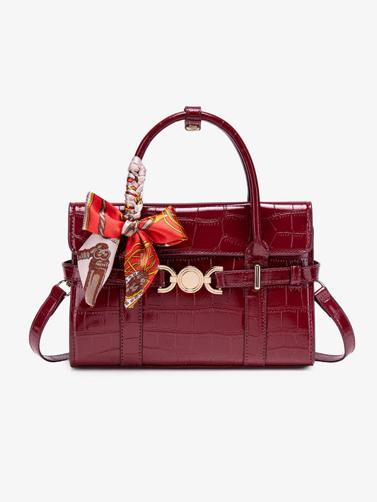 Gentle Glossy Croc Vegan Eco-Leather Satchel Clutch Bag with Silk Scarf Charm