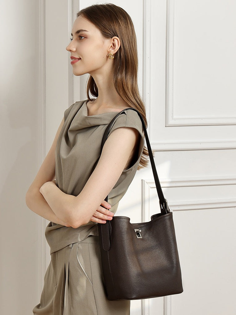 Sculpted Genuine Leather Medium Bucket Bag with Clean Linear Topstitching