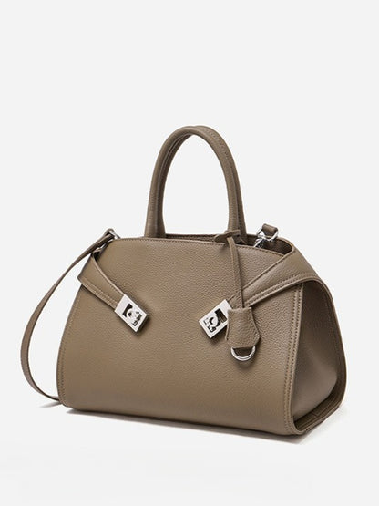 Luxury Retro Genuine Leather Lychee Pattern Double Buckle Tote Crossbody Bag