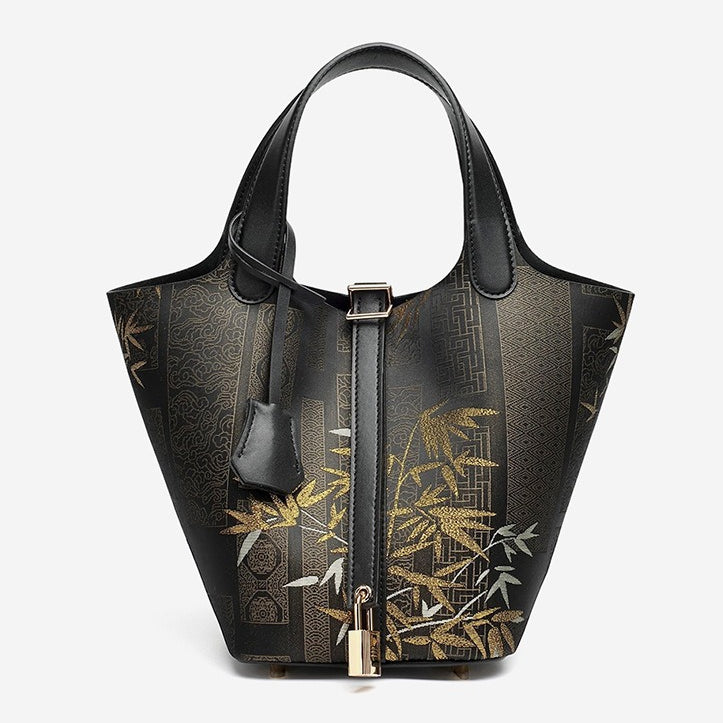 Serene Oriental Garden Genuine Leather Bucket Clutch Bag with Charm