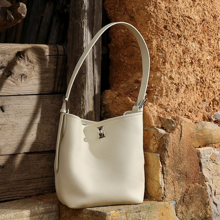 Sculpted Genuine Leather Medium Bucket Bag with Clean Linear Topstitching