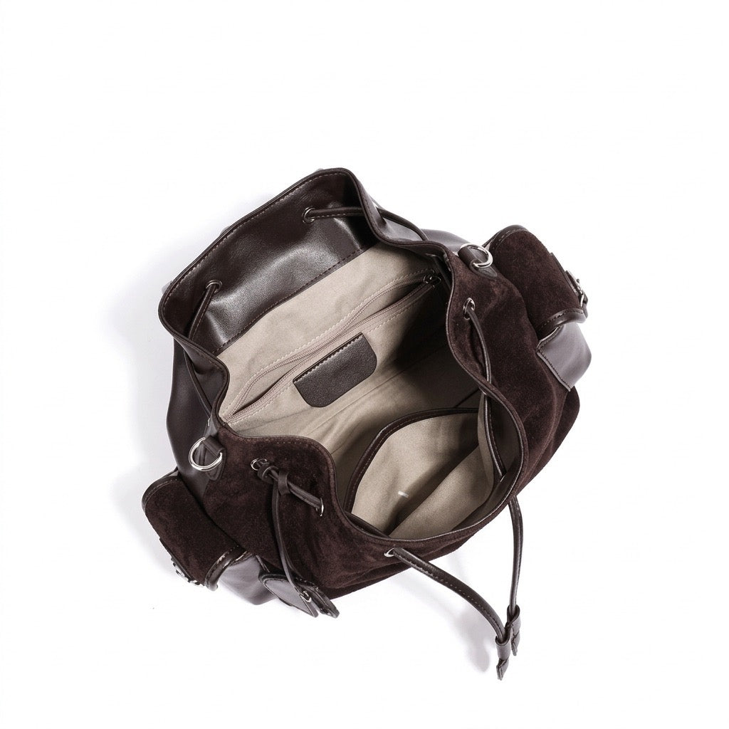 Mochila vintage de cuero genuino de ante con solapa y cordón
