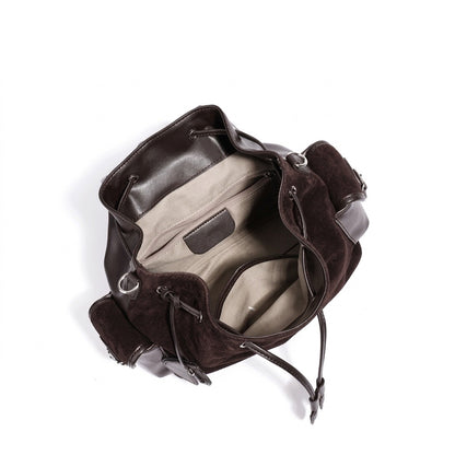Mochila vintage de cuero genuino de ante con solapa y cordón