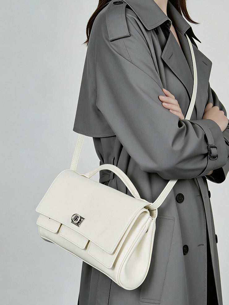The Linear Turn-Lock Genuine Leather Bag | Minimalist East-West Handbag