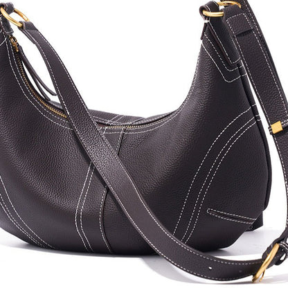 The Pebbled Genuine Leather Hobo Shoulder Bag with Contrast Stitching