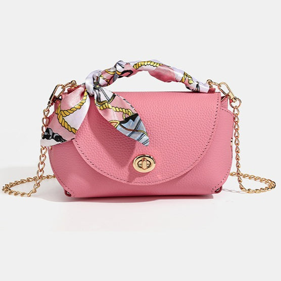 Elegant Retro Genuine Leather Chain Crossbody Shoulder Silk Scarf Handbag