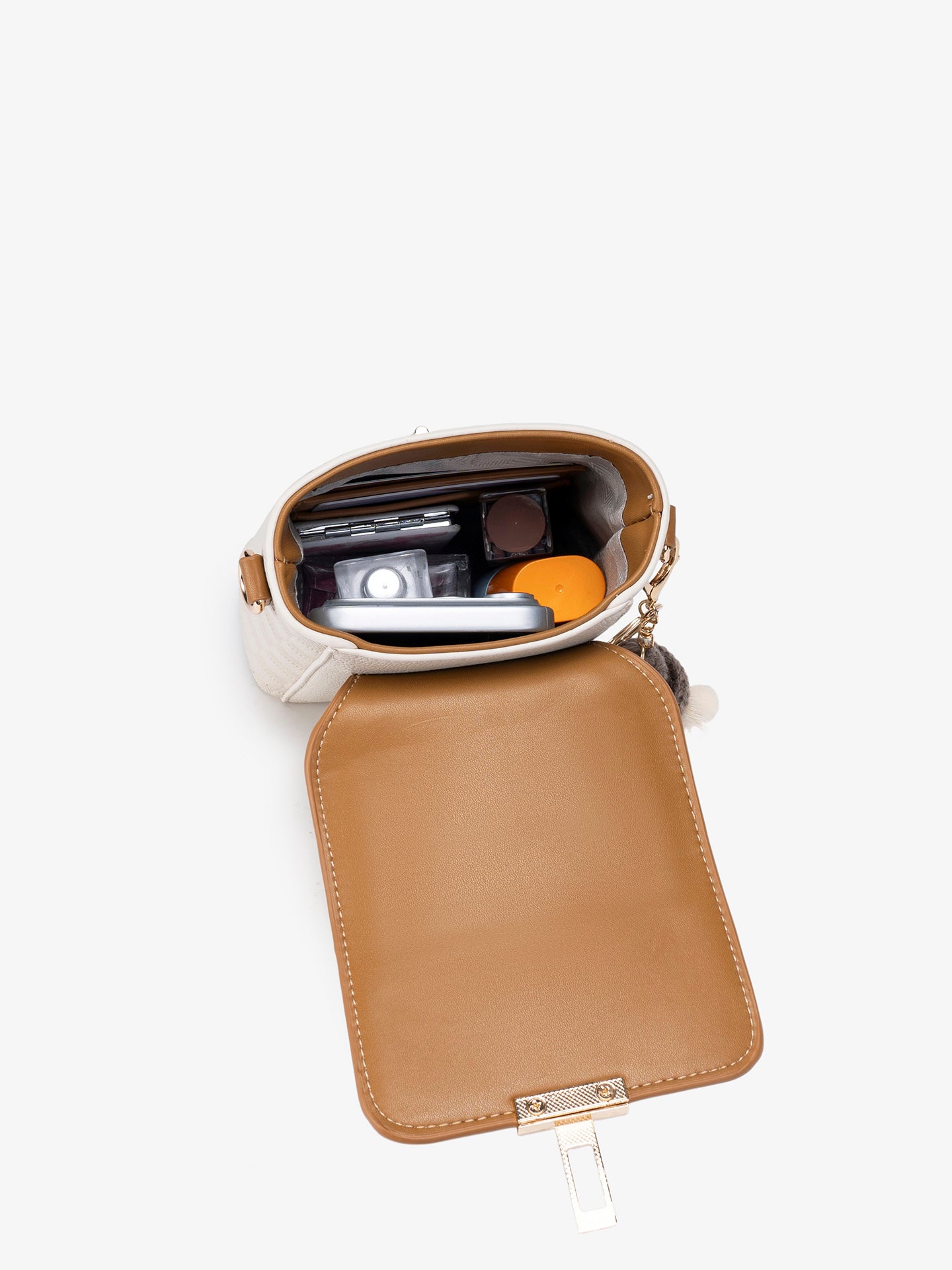 Elegant Color-Block Vegan Eco-Leather Clutch Phone Bag with Fluffy Charm