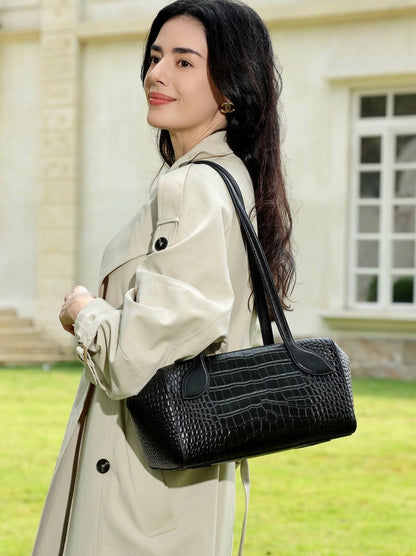 Sleek Luxe Croc Embossed Genuine Leather Bowling Clutch Bag
