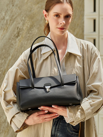 Sleek Pebbled Grain Texture Flap Genuine Leather Tote Clutch Bag