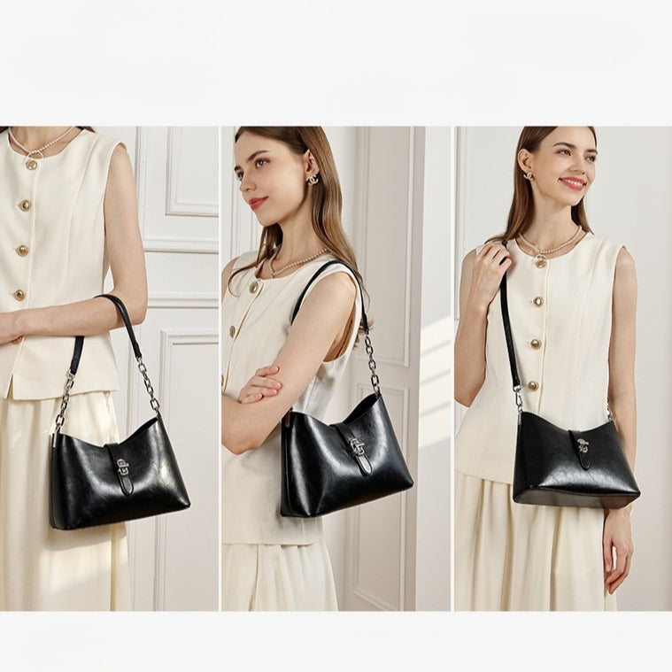 Classic Genuine Leather Underarm Bag with Metal Buckle