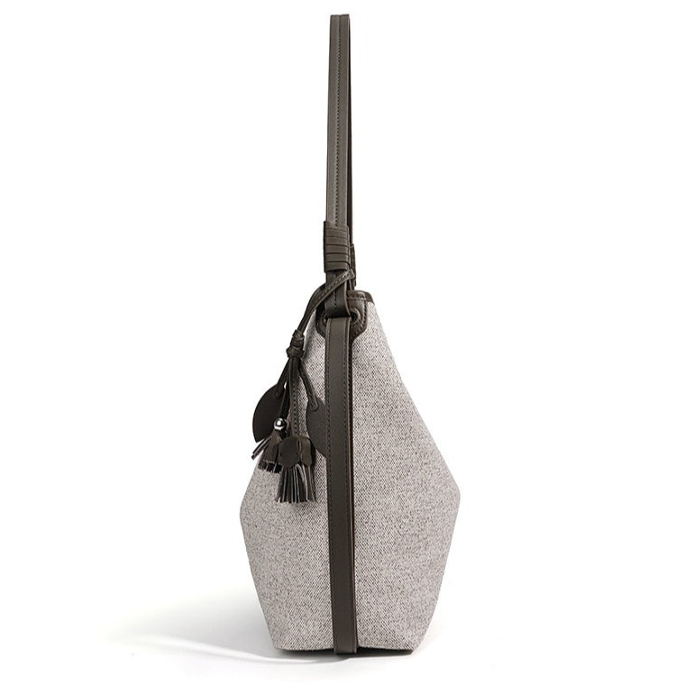 Slouchy Canvas Bucket Clutch Bag with Tassel Charm