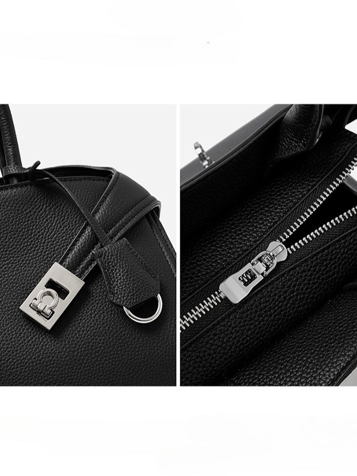 Luxury Retro Genuine Leather Lychee Pattern Double Buckle Tote Crossbody Bag