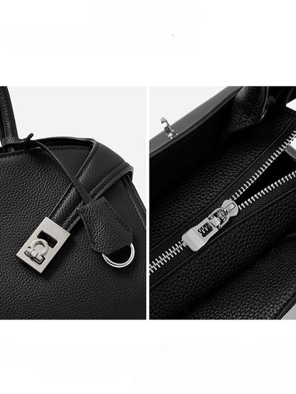 Luxury Retro Genuine Leather Lychee Pattern Double Buckle Tote Crossbody Bag