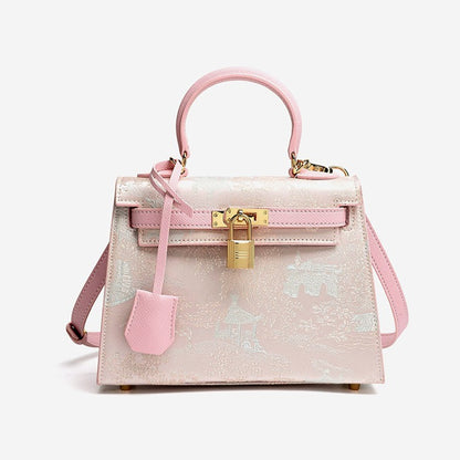 Elegant Oriental Brocade Genuine Leather Kelly Clutch Bag with Charm