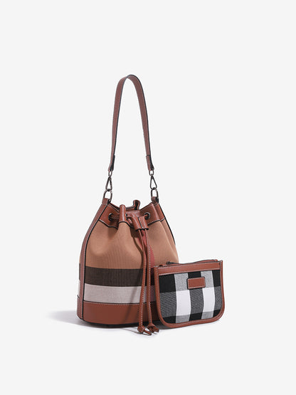 Vintage Plaid Vegan Eco-Leather Bucket Clutch Bag