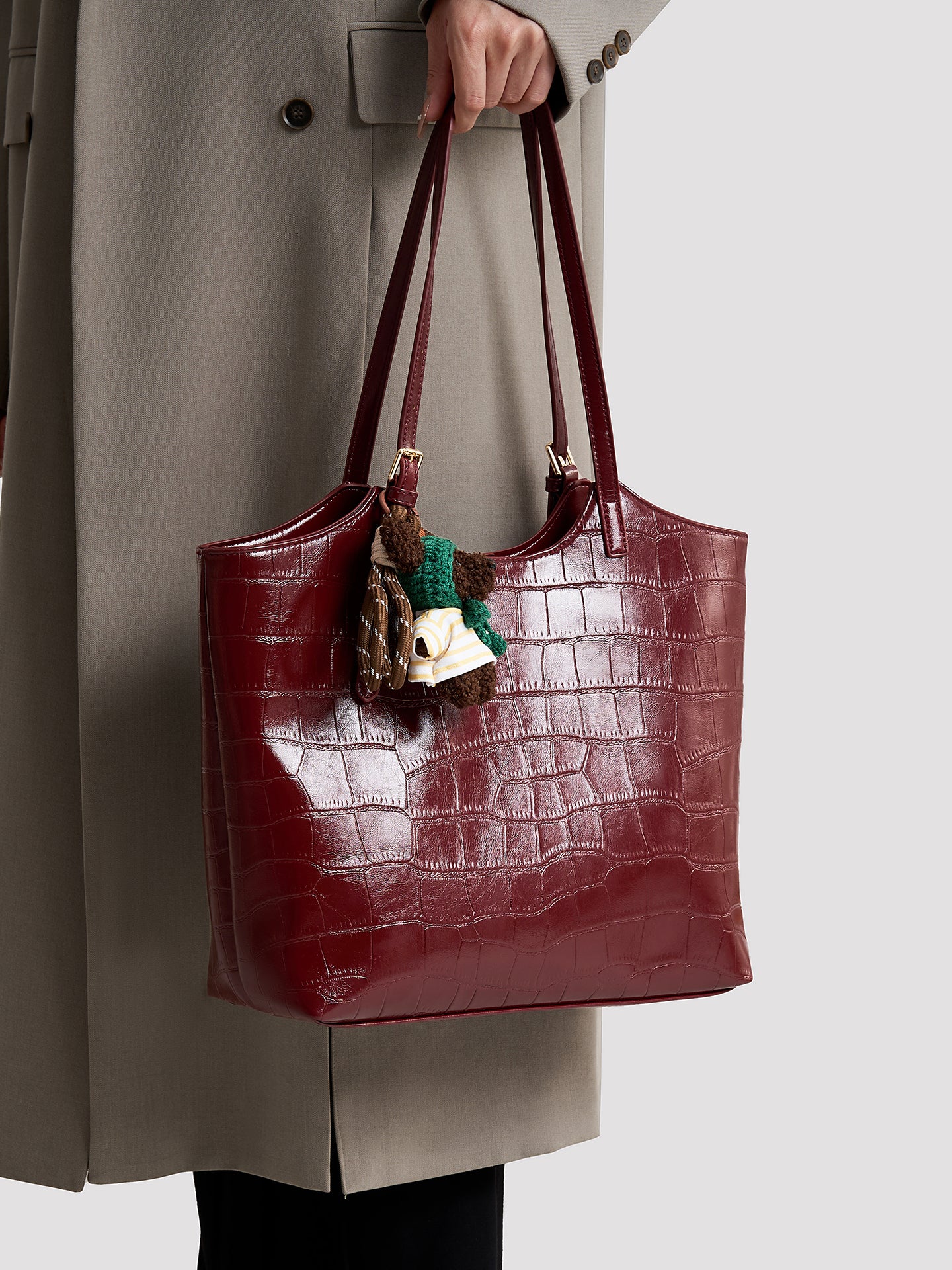 Glossy Croc Vegan Eco-Leather Shoulder Tote Bag With Bear Charm