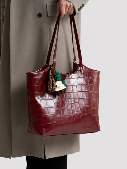 Glossy Croc Vegan Eco-Leather Shoulder Tote Bag With Bear Charm