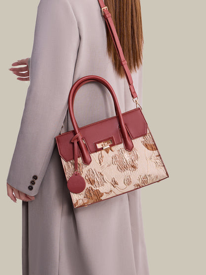 Classic Jacquard Vegan Eco-Leather Satchel Clutch Bag With Metal Charm