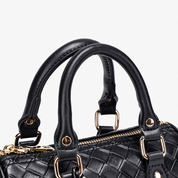 Exquisite Woven Vegan Eco-Leather Boston Clutch Bag with Playful Teddy Charm