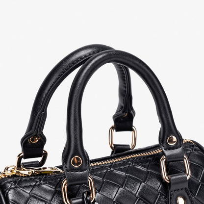Exquisite Woven Vegan Eco-Leather Boston Clutch Bag with Playful Teddy Charm