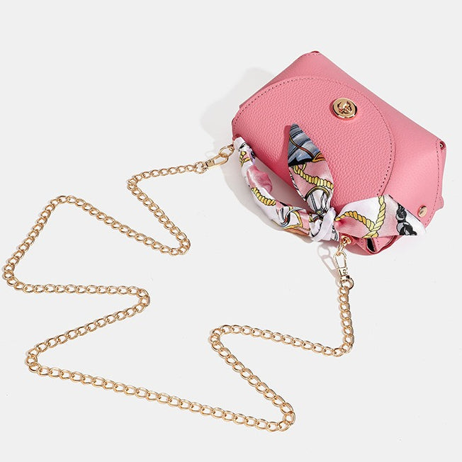 Elegant Retro Genuine Leather Chain Crossbody Shoulder Silk Scarf Handbag