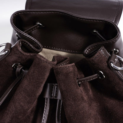 Vintage Suede Genuine Leather Flap Drawstring Backpack