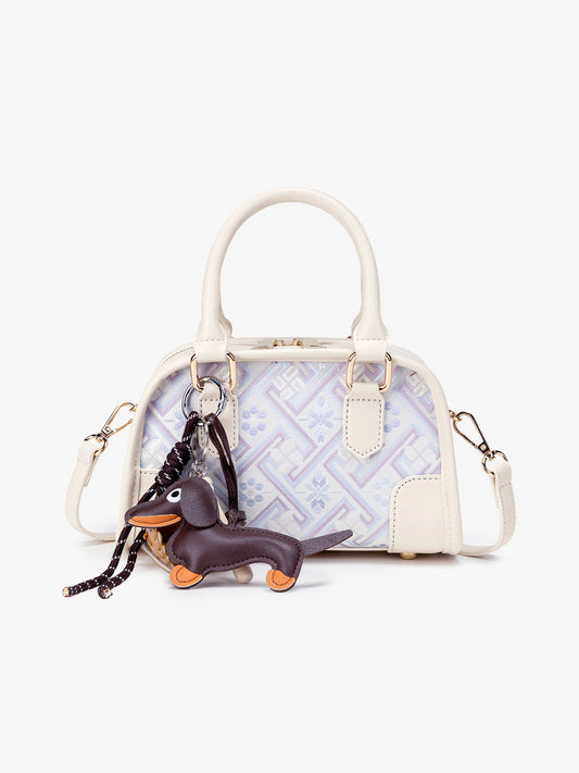 Soft Vegan Eco-leather Boston Clutch Bag with Cute Dachshund Charm