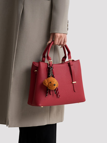 Polished Pebbled Vegan Eco-Leather Tote Clutch Bag With Teddy Charm