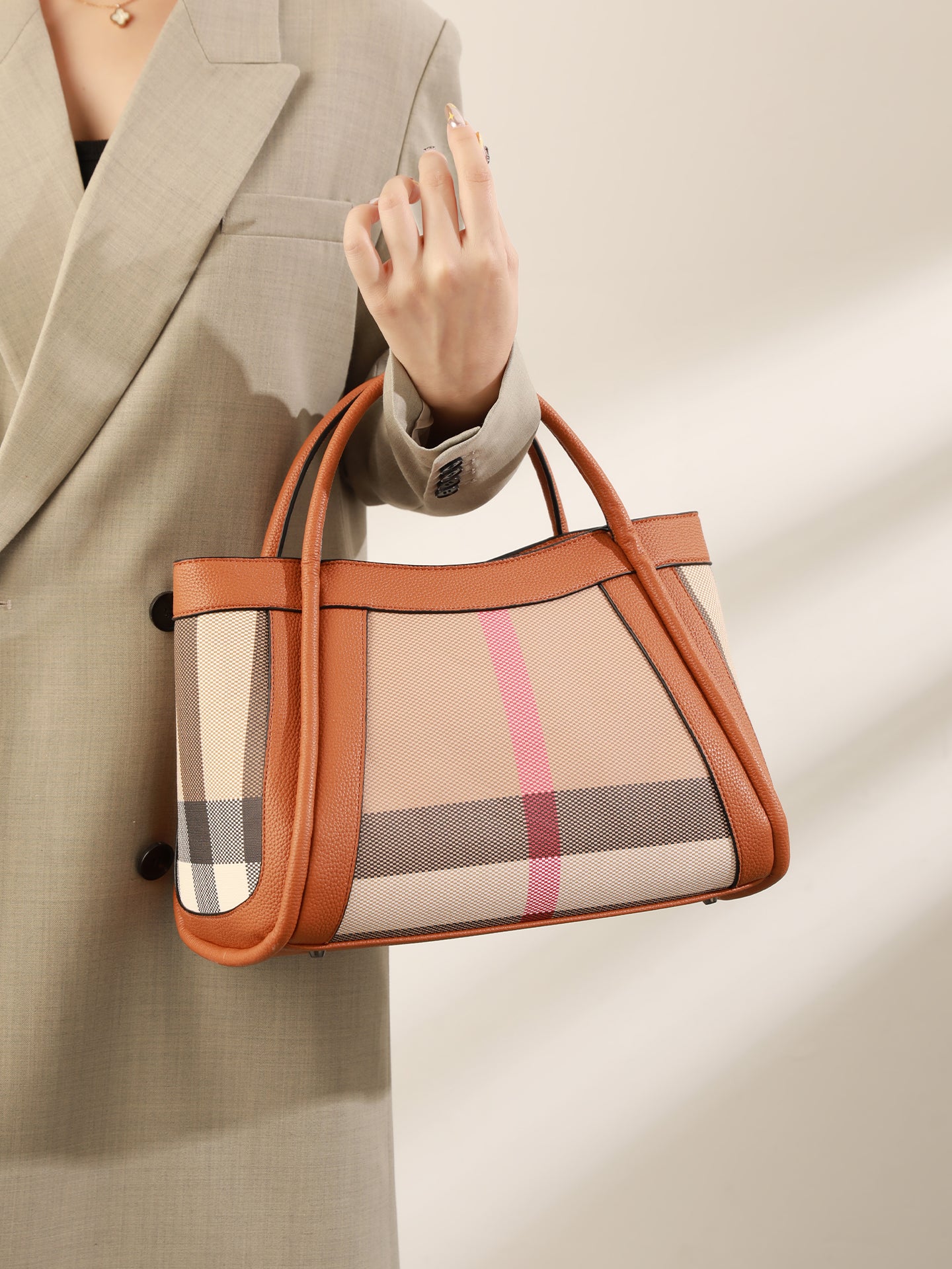 Sophisticated British Plaid Vegan Eco-Leather Tote Clutch Bag