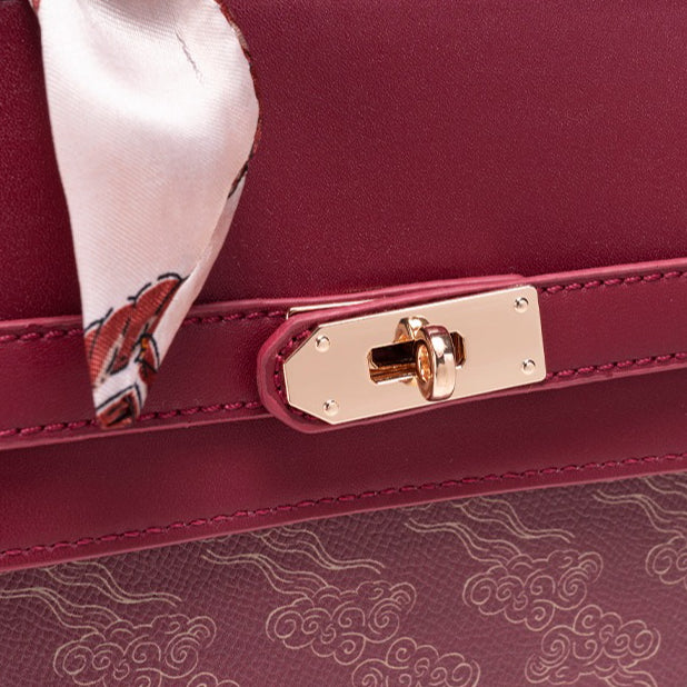 Regal Oriental Cloud Vegan Eco-Leather Tote Clutch Bag with Silk Scarf Charm